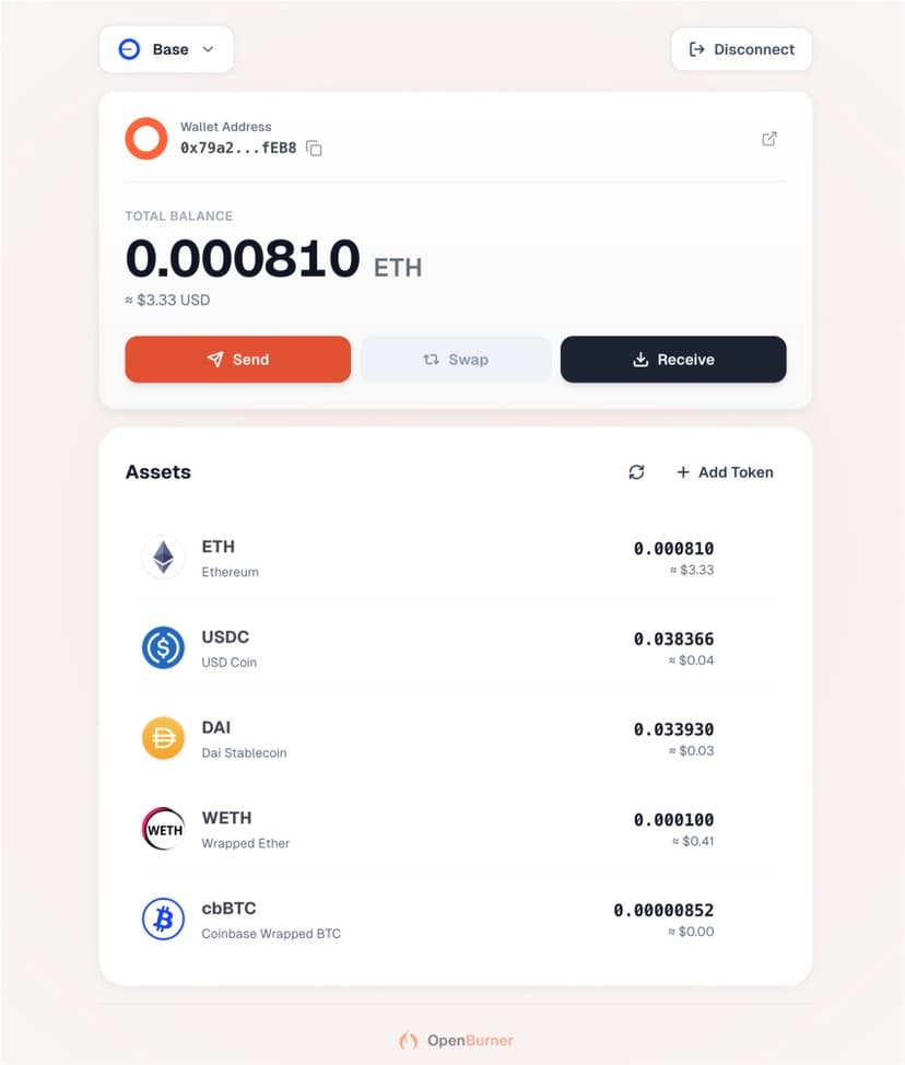 OpenBurner wallet interface